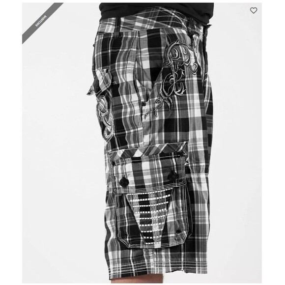 Y2K ROAR Mens Cargo Shorts Embroidered Plaid Black Utility Grunge Skater Size 33 - Picture 14 of 16